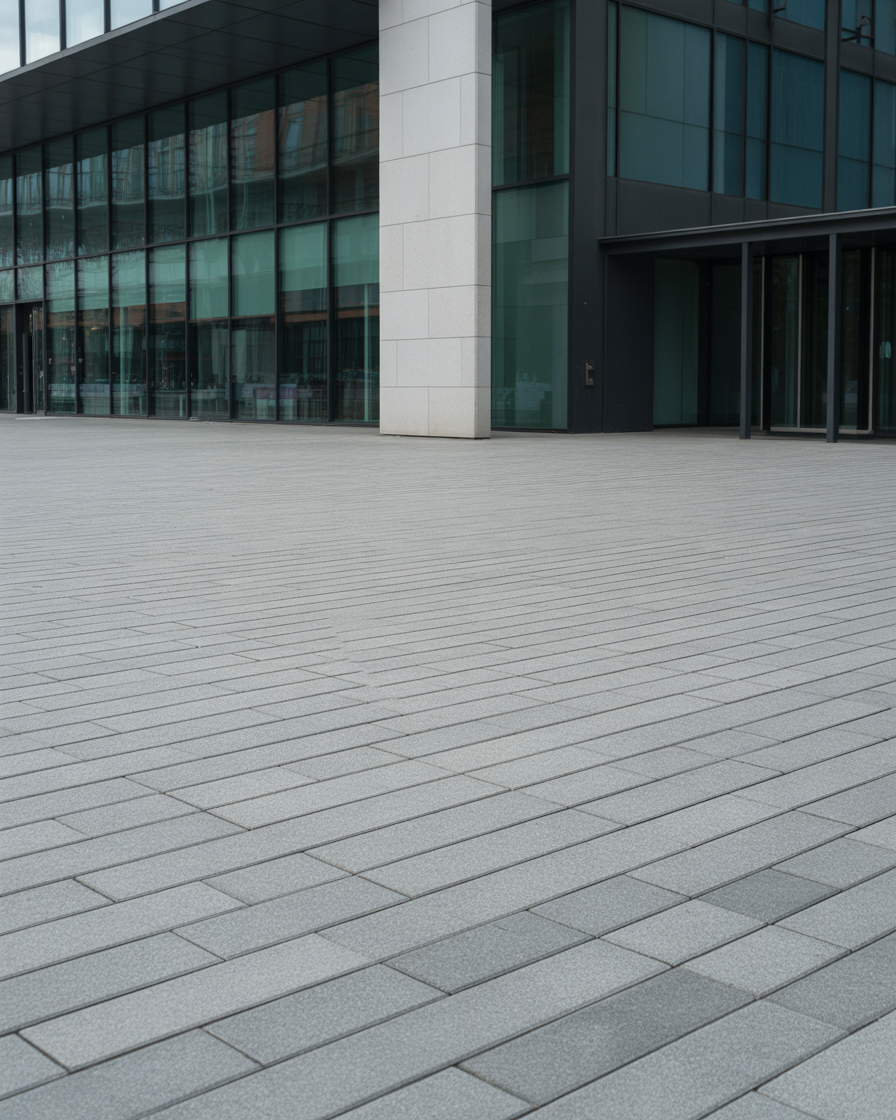 Modern glass office building with wide tiled plaza and clean architectural lines