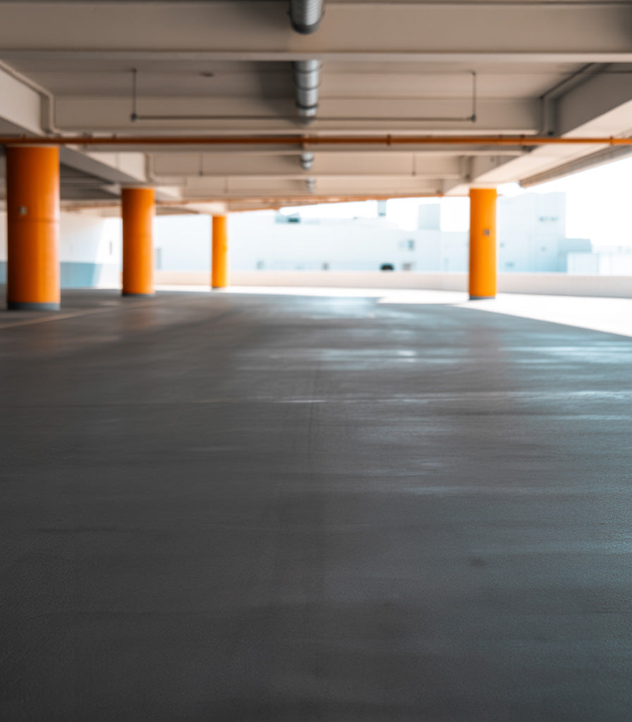 Empty parking garage with orange support columns and sunlight