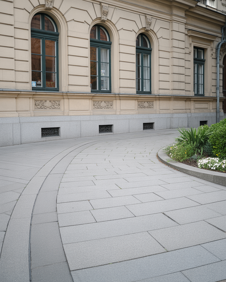 Elegant curved walkway beside historic stone building and landscaped garden beds