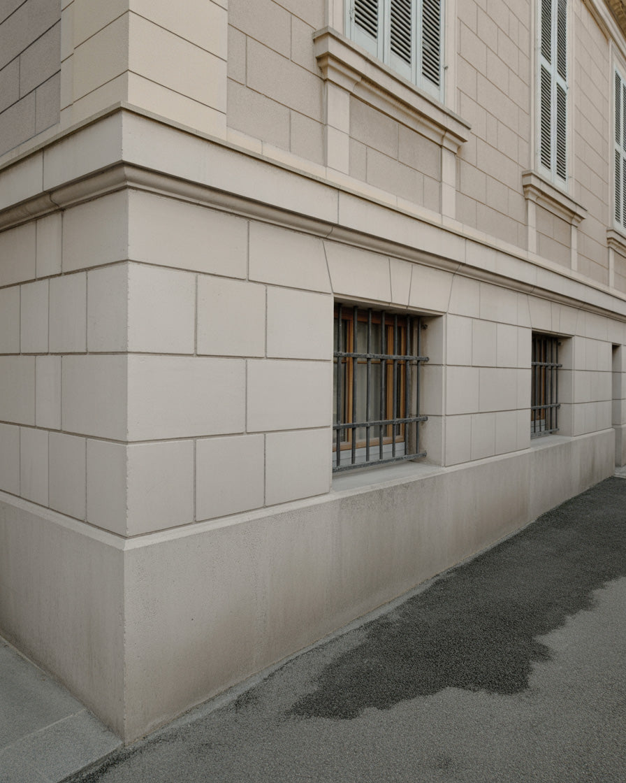 Classic stone building exterior with barred windows along a quiet walkway