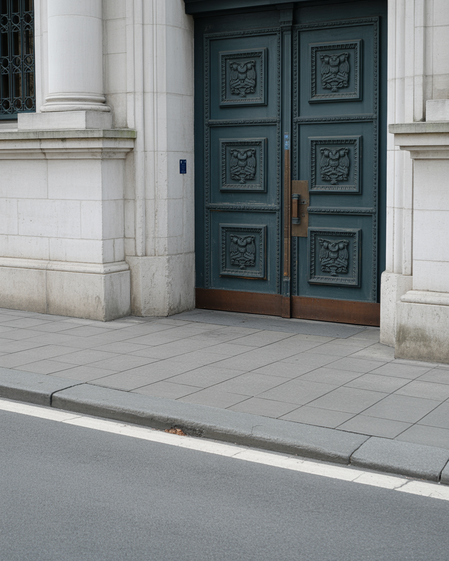 Ornate teal double doors set in grand white stone architectural entrance