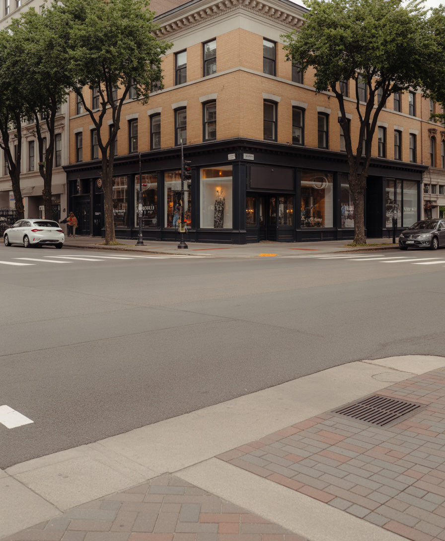 Classic city corner with brick building and tree lined intersection