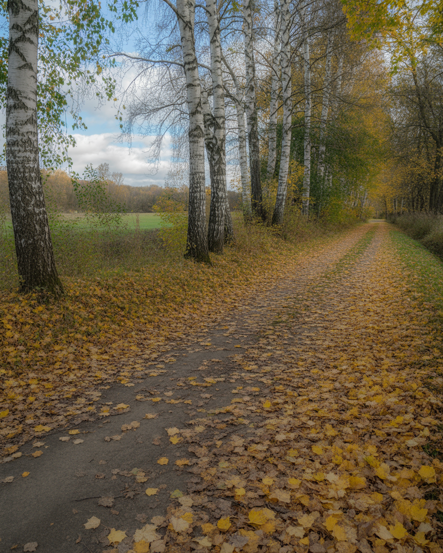 Quiet autumn forest path with birch trees and fallen leaves