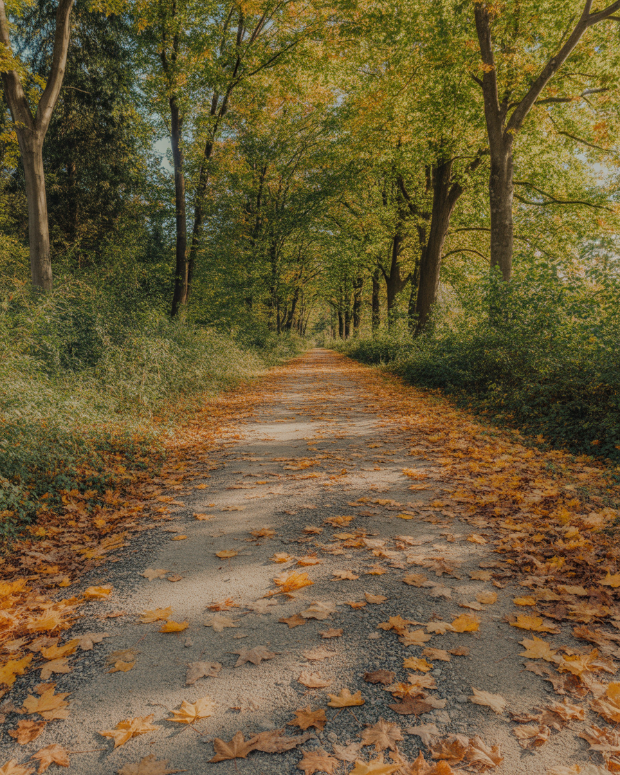 Sunlit forest path covered with fallen autumn leaves