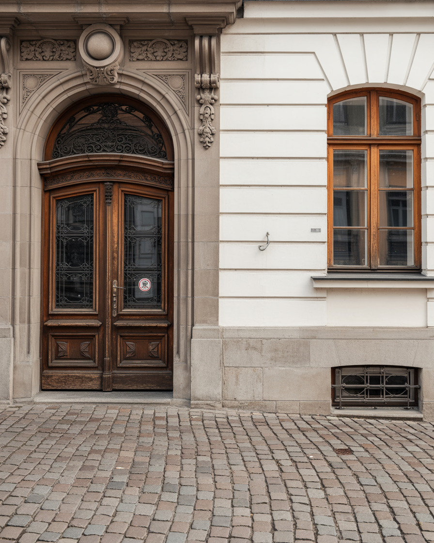 Ornate classic stone entryway with wooden doors and cobblestone