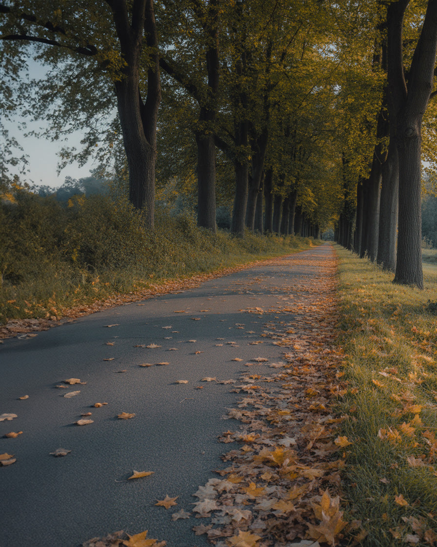 Autumn tree-lined country road with fallen leaves and soft light