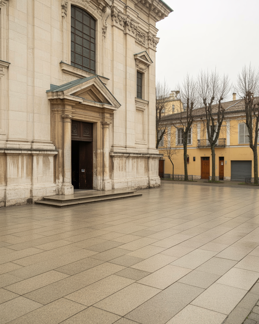 Quiet classical stone plaza beside historic building facade