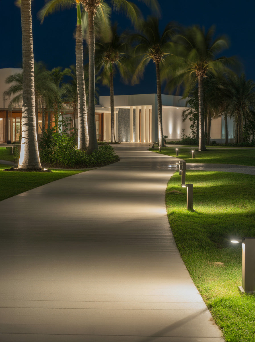 Illuminated palm lined resort walkway at night with modern villa