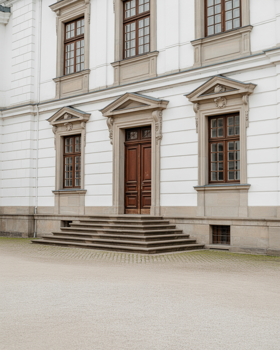 Classic stone facade with symmetrical windows and central wooden door