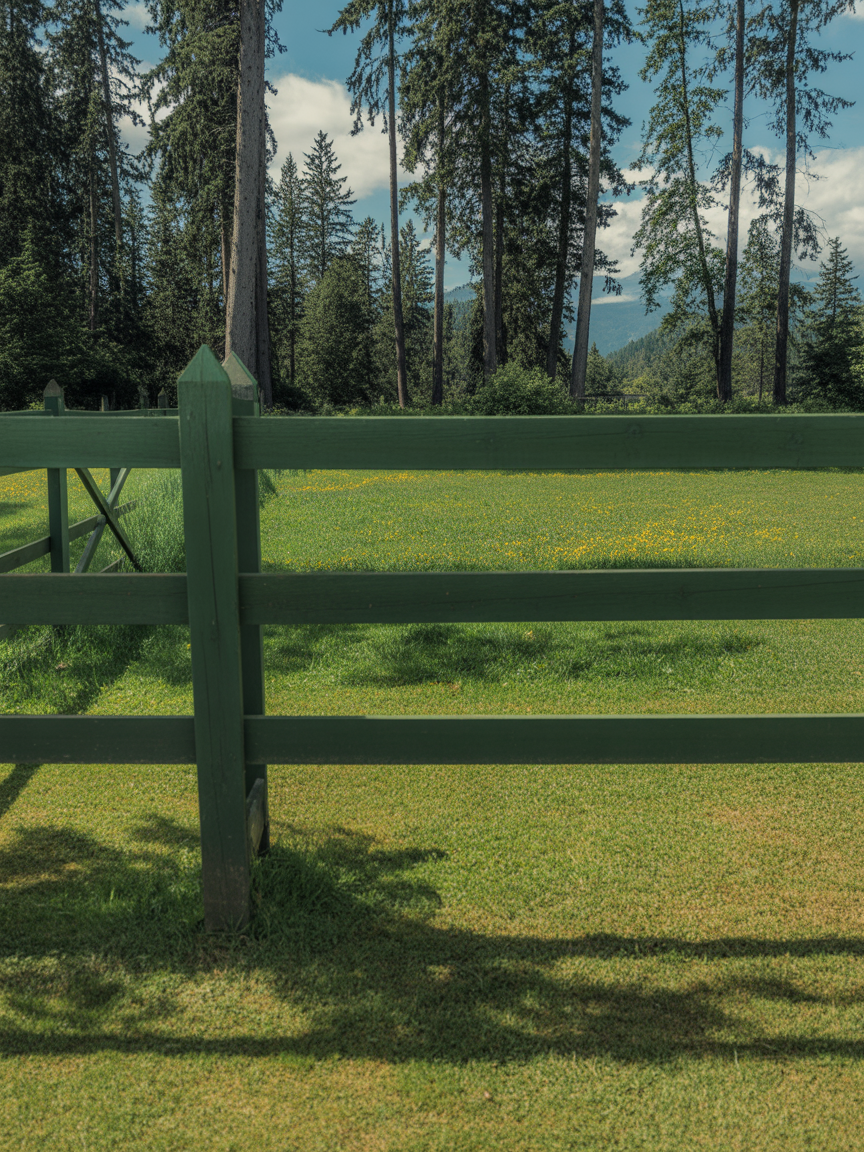 Sunlit green meadow with wooden fence and forest backdrop
