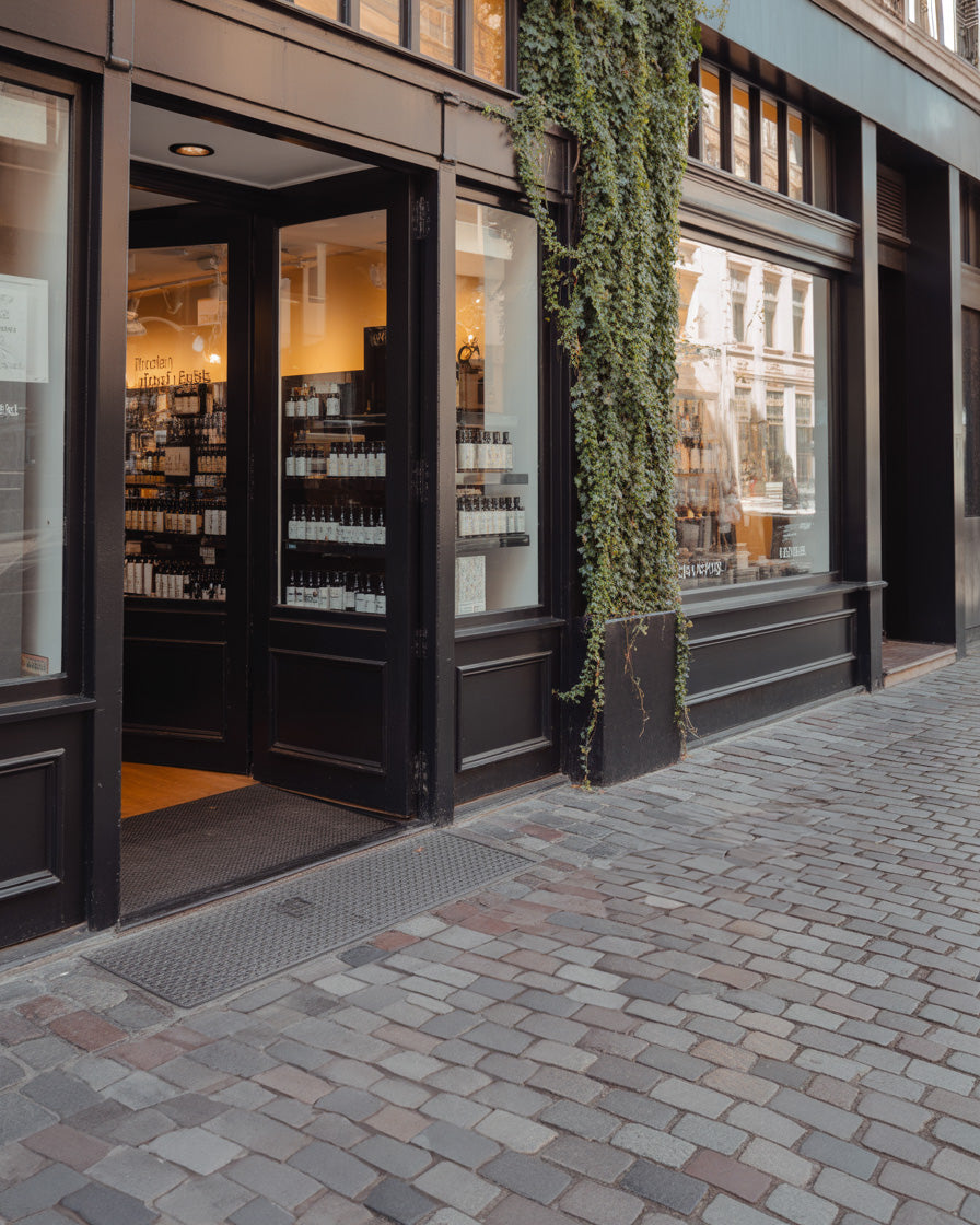 Ivy covered city storefront with cobblestone sidewalk