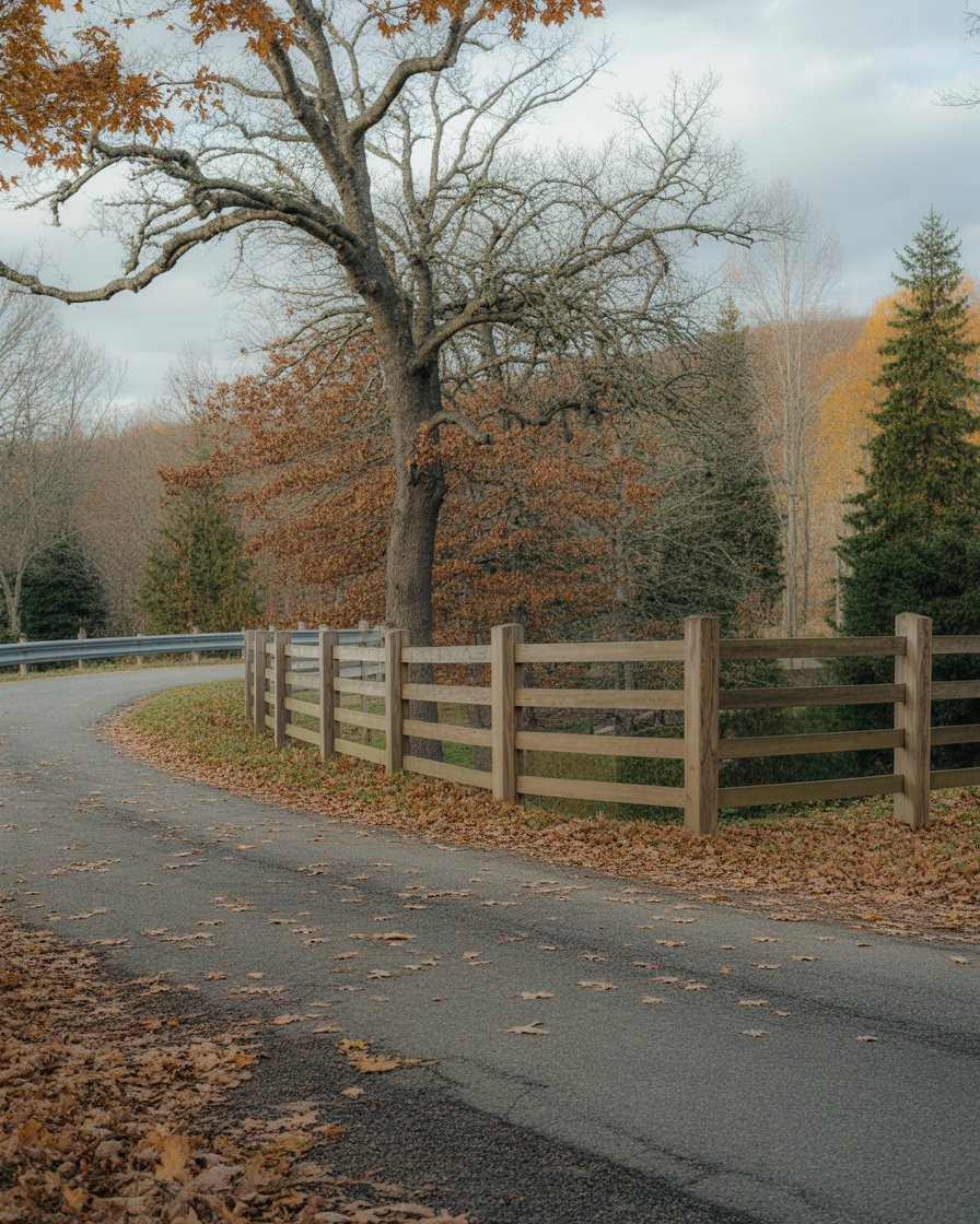 Autumn country road with wooden fence and falling leaves