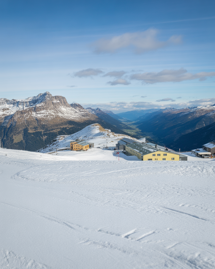 Snow covered alpine mountain valley with distant lodges and layered peaks
