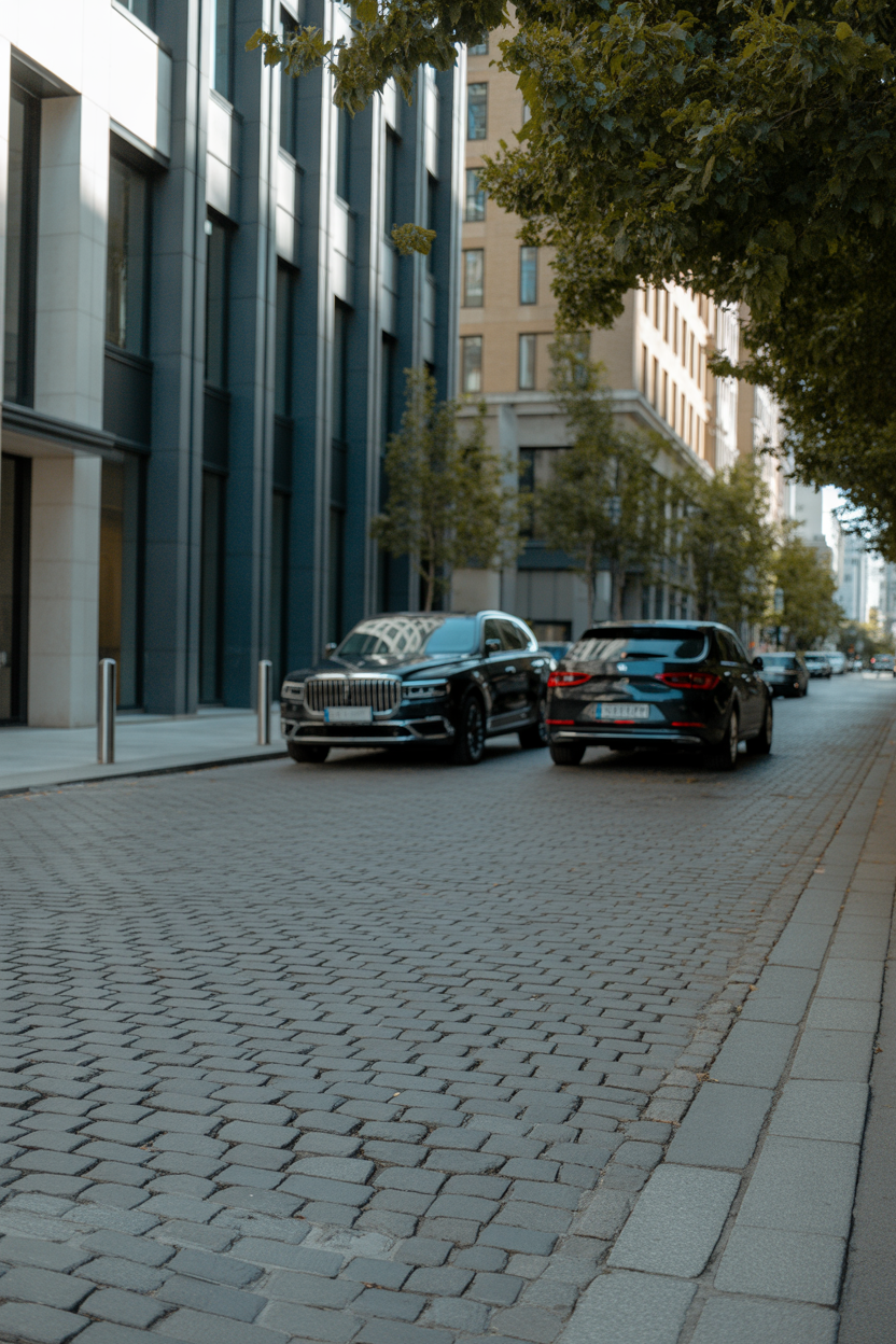 Quiet modern city street with cobblestone road and trees