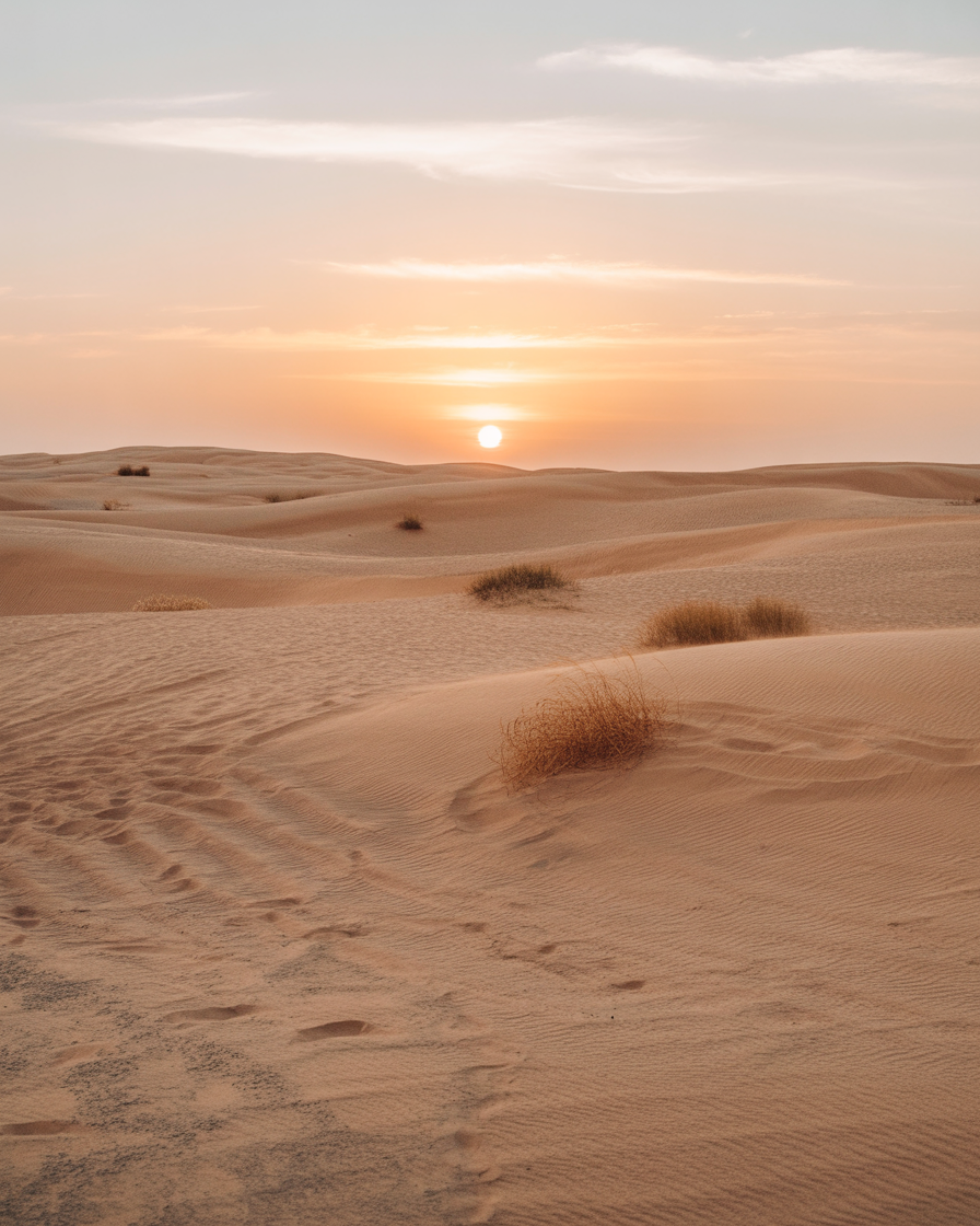 Soft sunrise over rolling desert dunes with wind textured sand