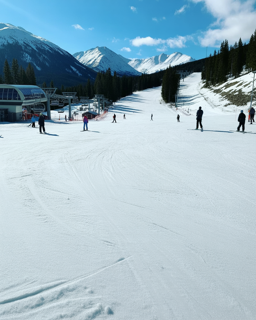 Sunlit alpine ski slope framed by snowcapped mountain ridges
