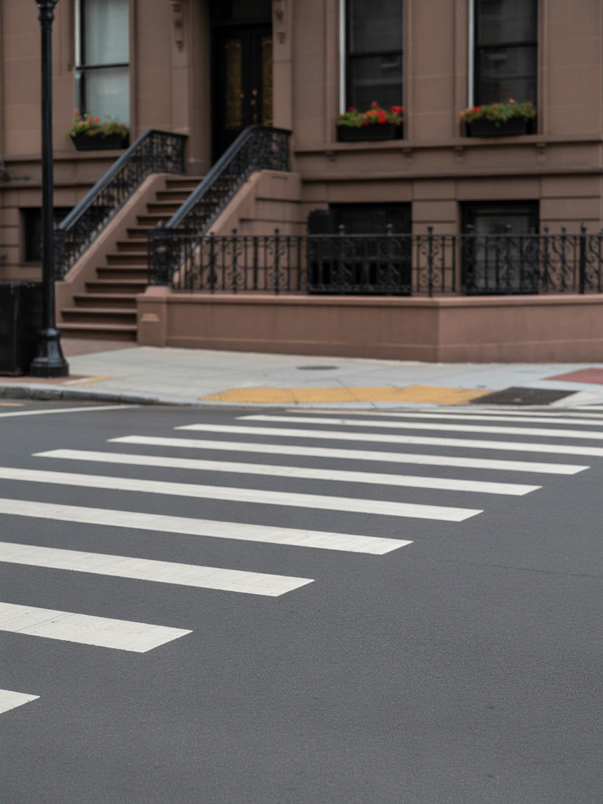 Quiet city crosswalk in front of classic brownstone residence