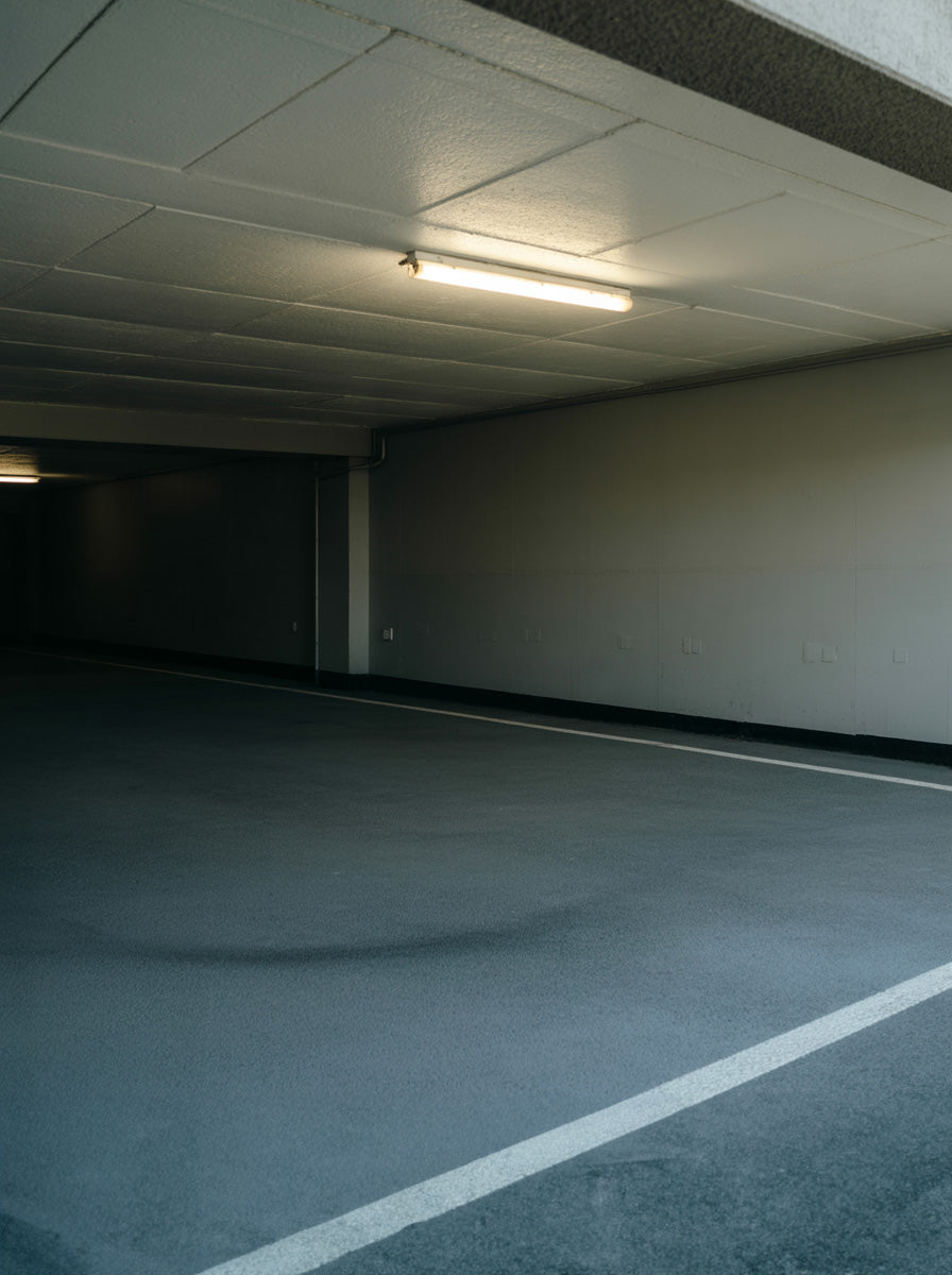 Empty underground parking garage with fluorescent lighting