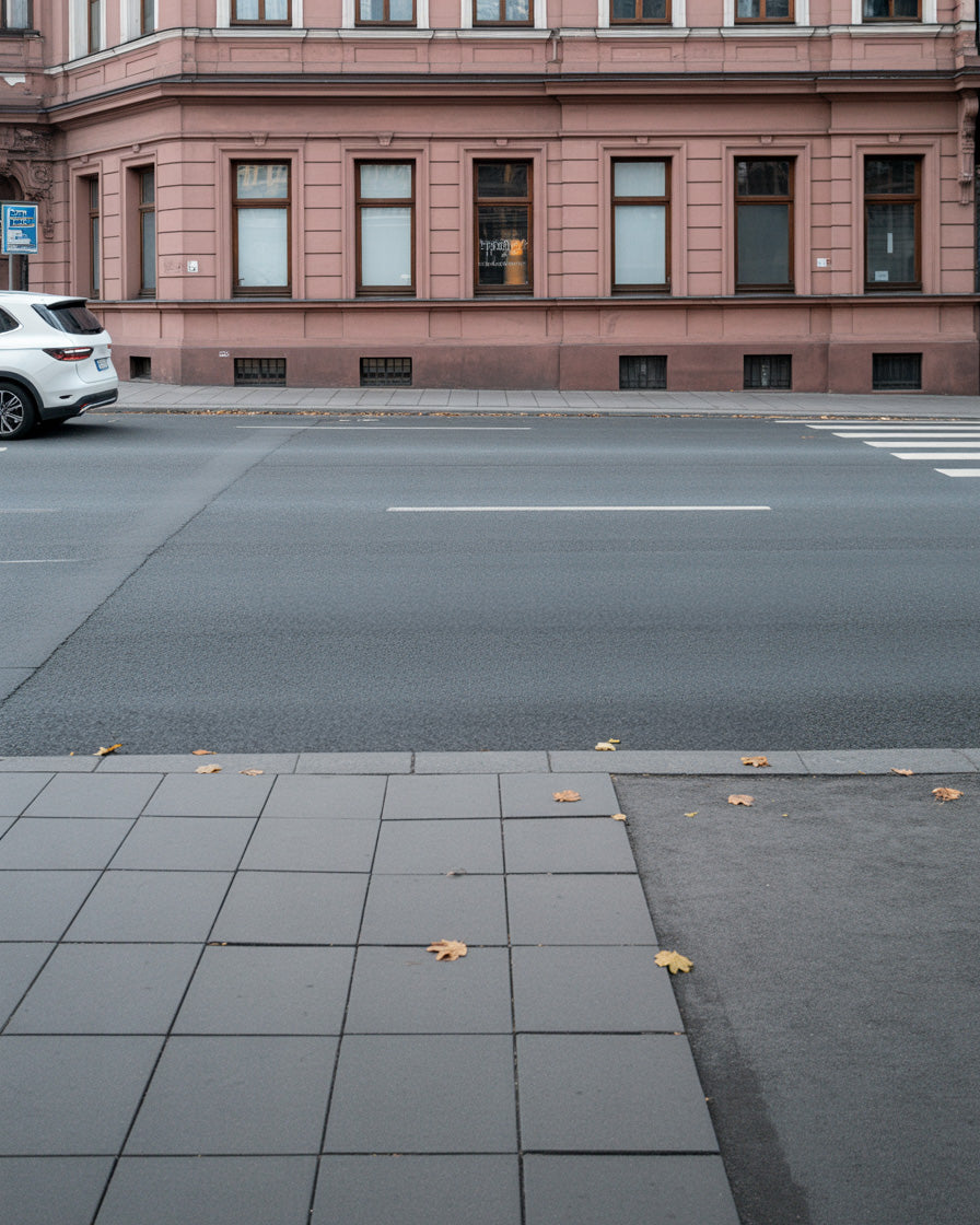 Quiet city street with classic facade and muted tones