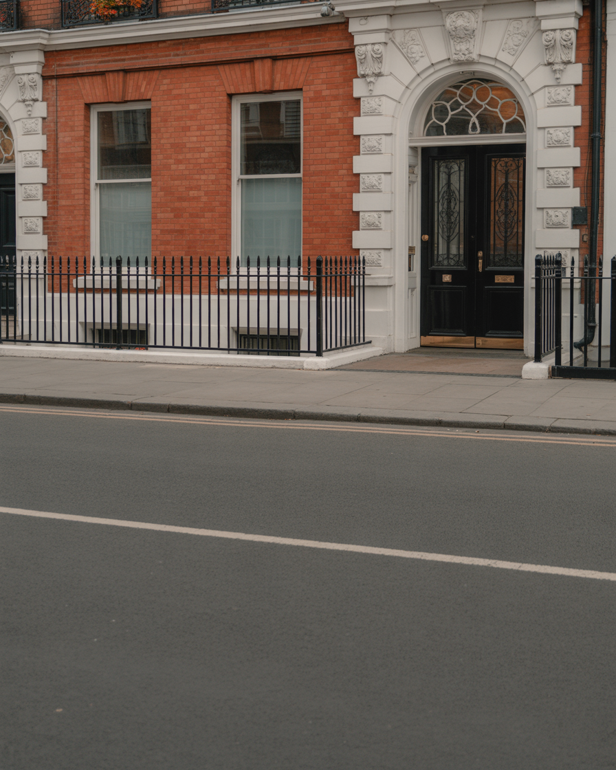 Classic red brick townhouse entrance with ornate arched doorway