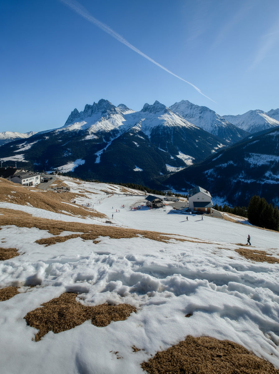 Snow patched alpine slopes overlooking dramatic mountain peaks under clear sky