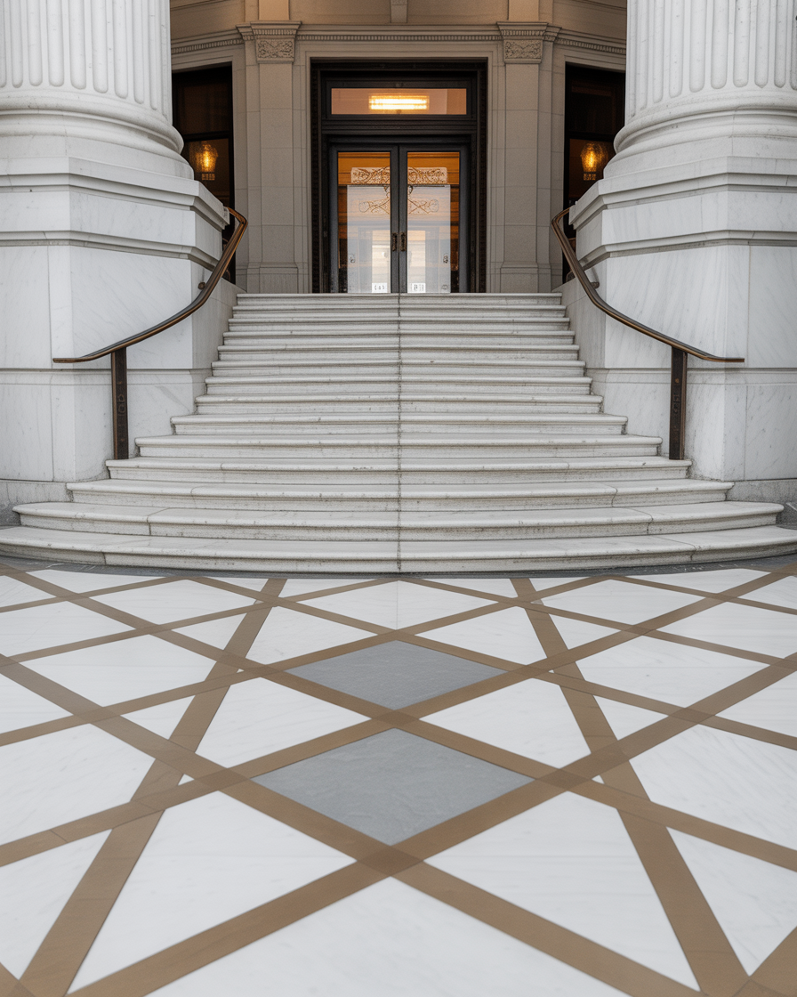 Grand classical stone entrance with symmetrical staircase and columns