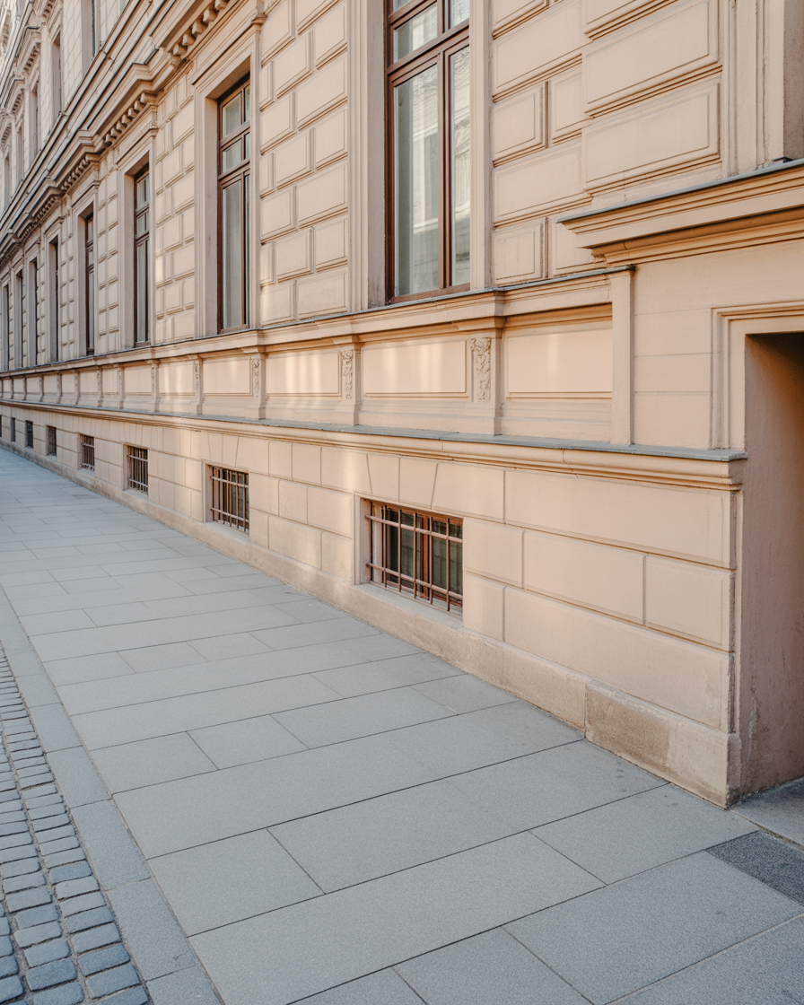 Sunlit classic stone building wall with repeating windows