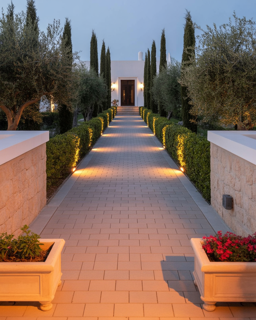 Elegant illuminated garden walkway leading to modern white villa