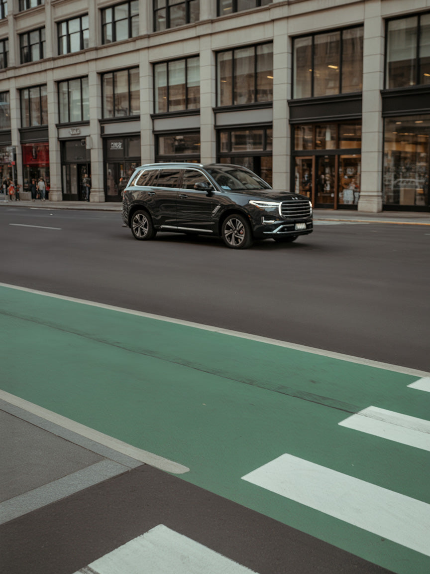 Modern city street with moving SUV and glass front buildings