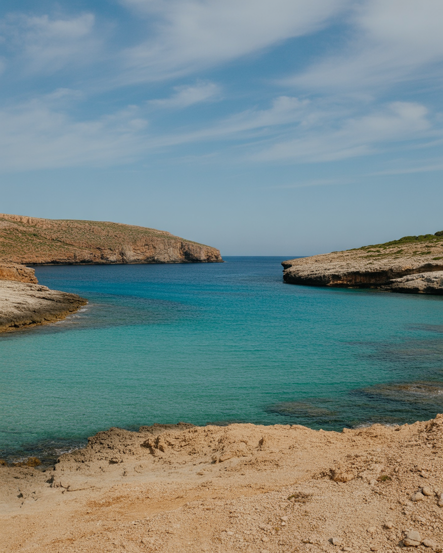Turquoise coastal cove between rocky headlands under soft daylight