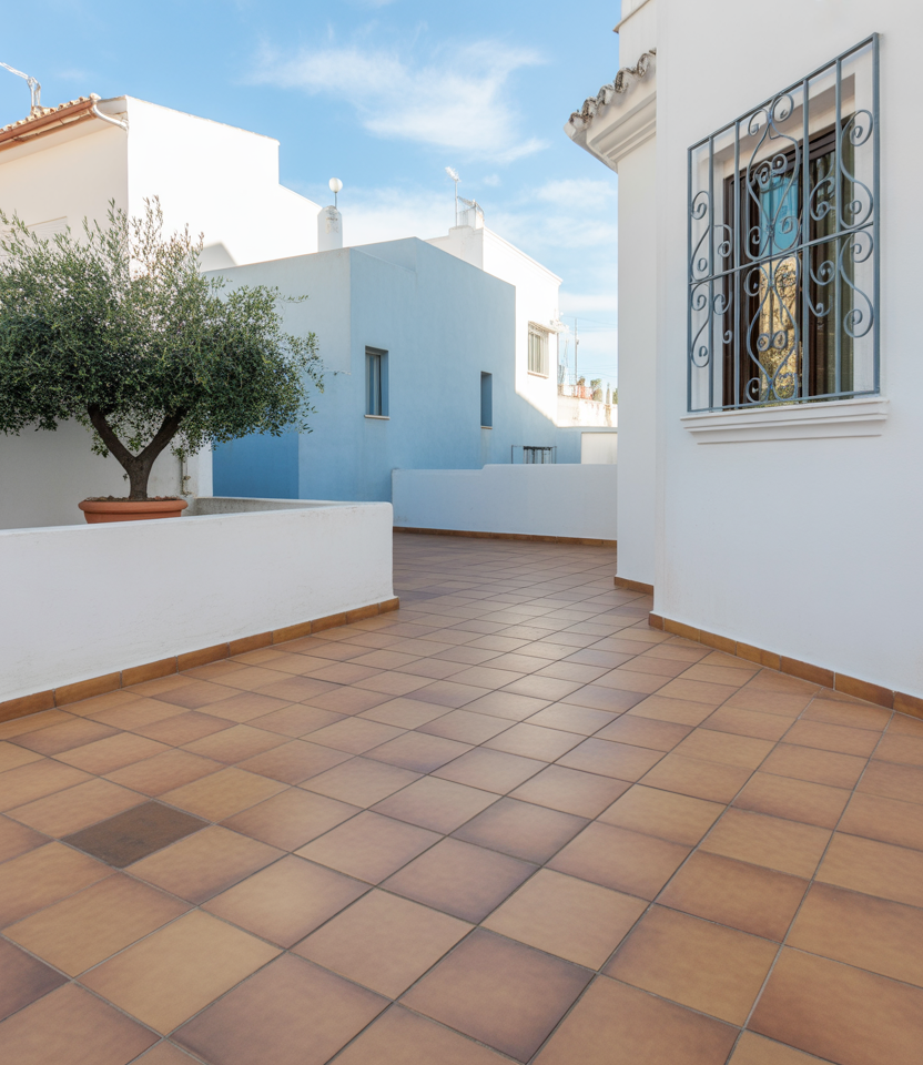 Sunlit Mediterranean courtyard with white stucco and blue accents