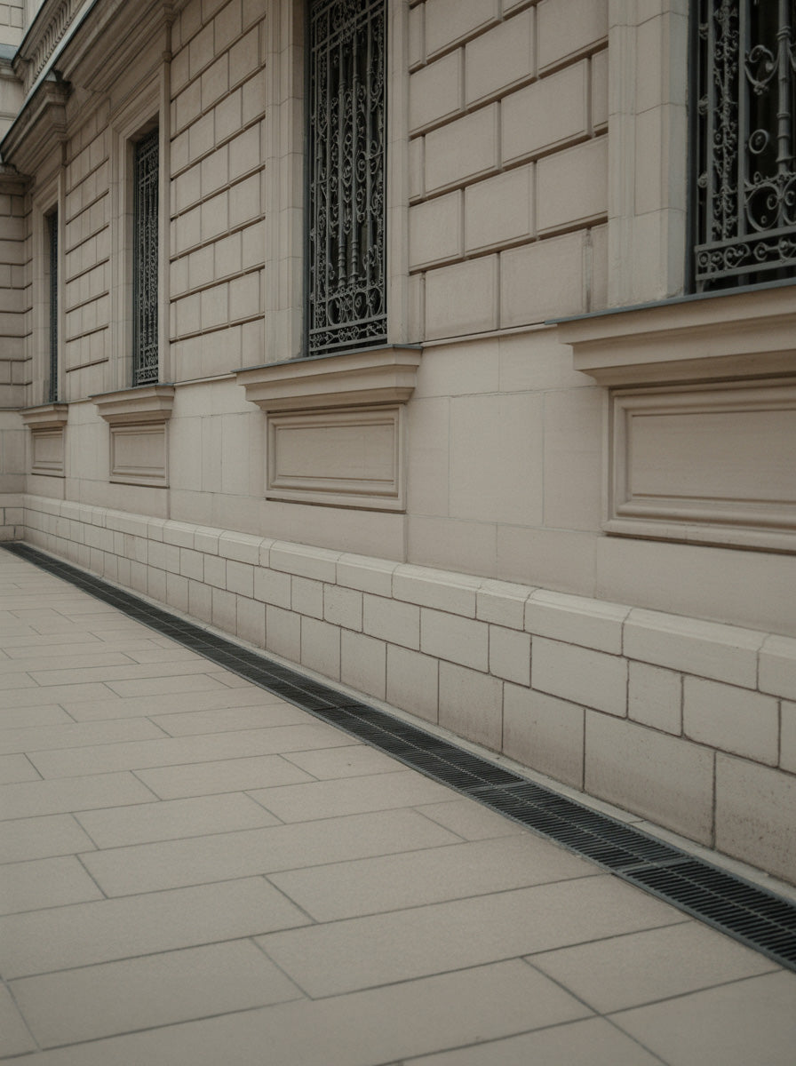 Classic stone facade with wrought iron windows and sidewalk