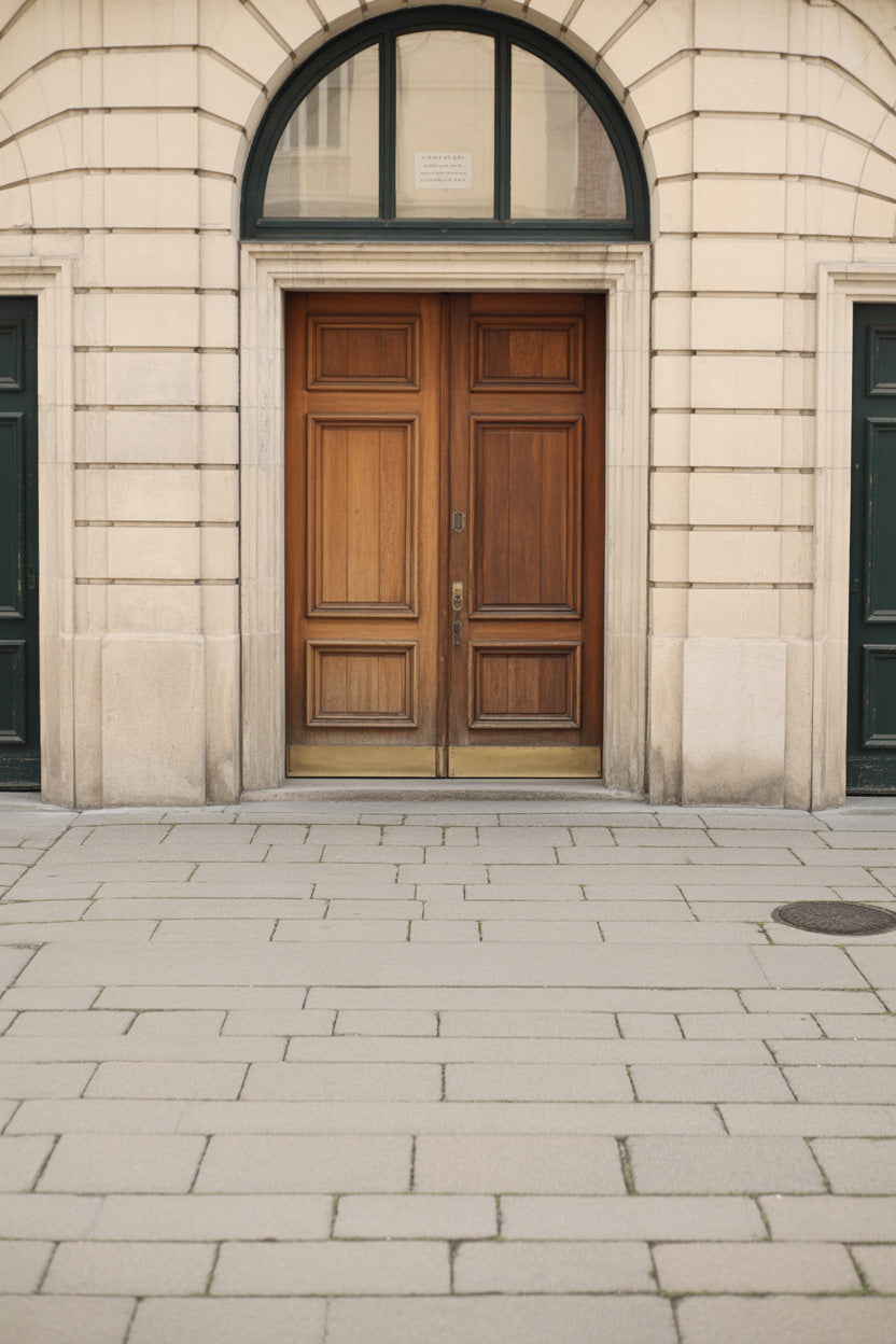 Arched stone entry with classic wooden double doors