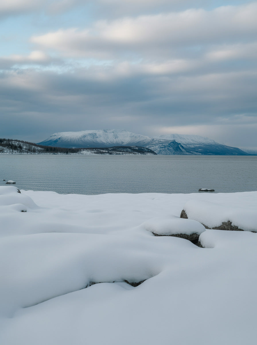 Snow covered lakeshore facing distant mountain ridges beneath soft winter clouds