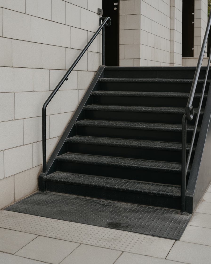Industrial black metal staircase against light stone wall