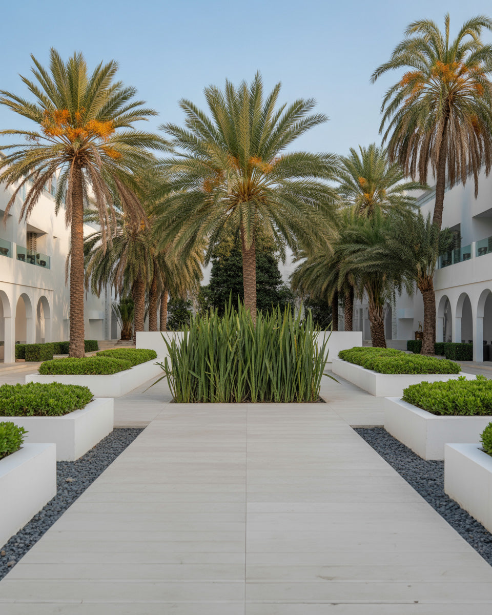 Modern palm-lined courtyard with minimalist resort architecture