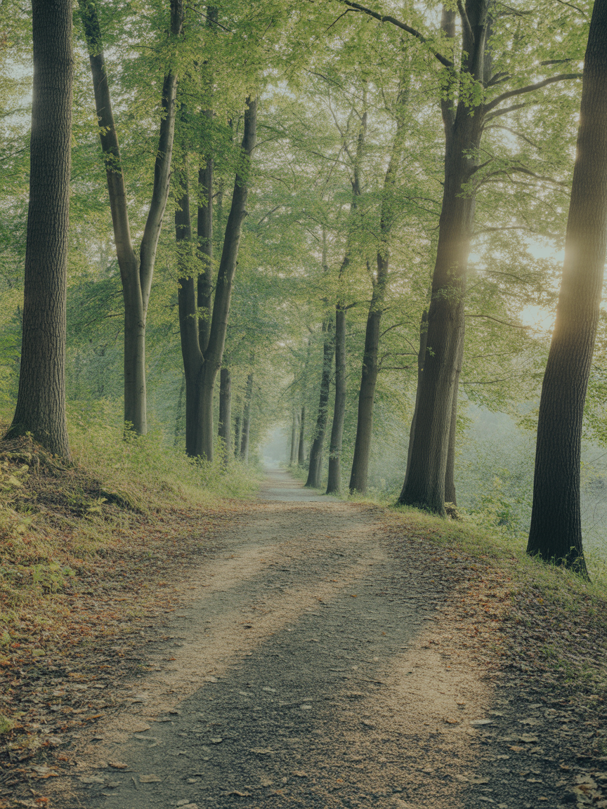 Sunlit forest path lined with tall trees and soft morning haze