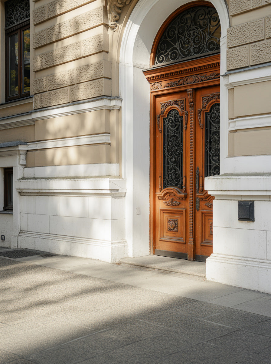 Ornate arched stone entrance with carved wooden doors