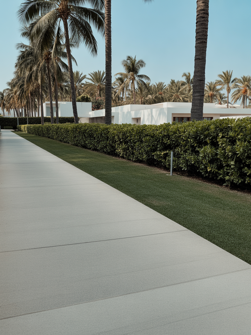 Palm lined resort walkway with modern white villas
