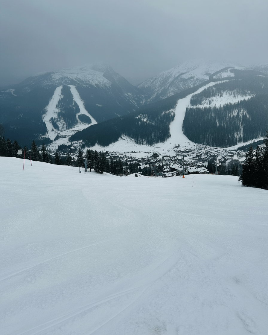 Foggy alpine ski valley overlooking snow covered slopes and clustered mountain village