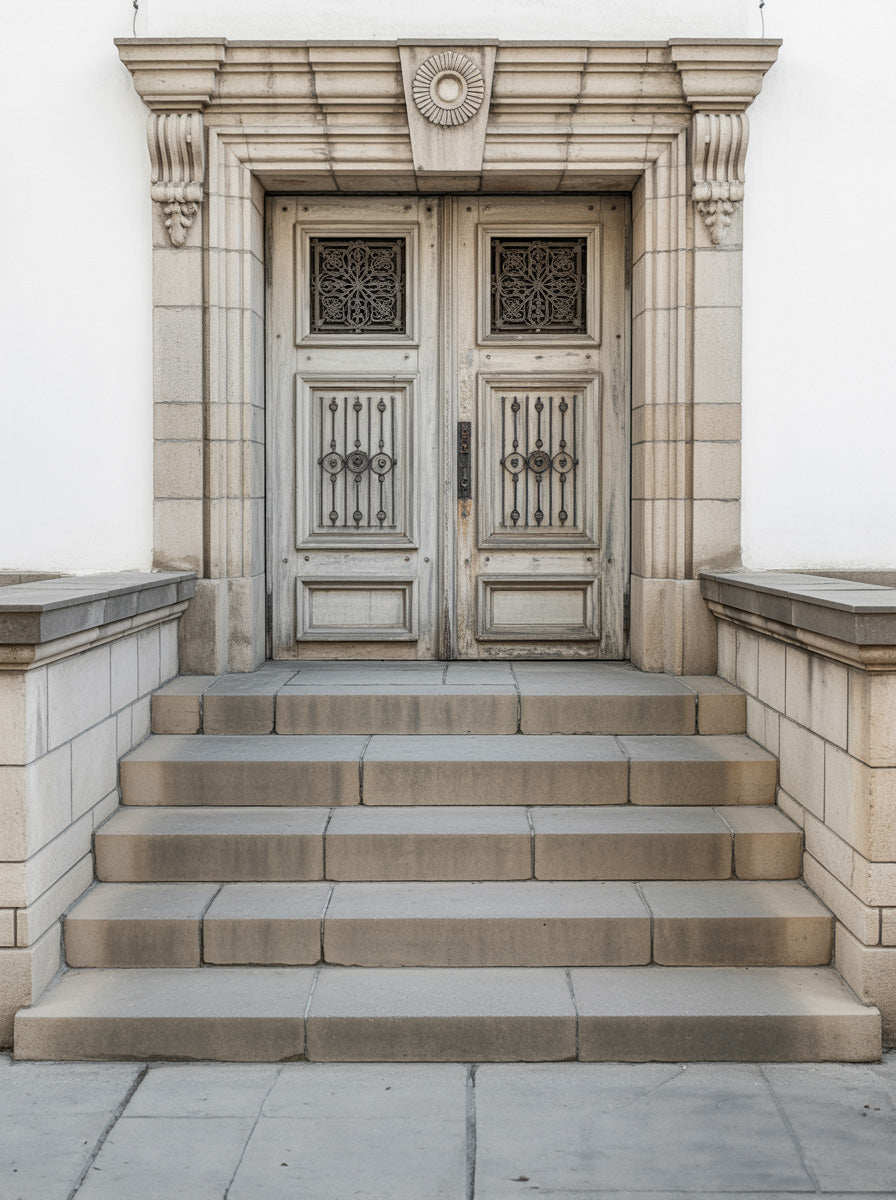 Ornate stone entrance with symmetrical steps and classical detailing