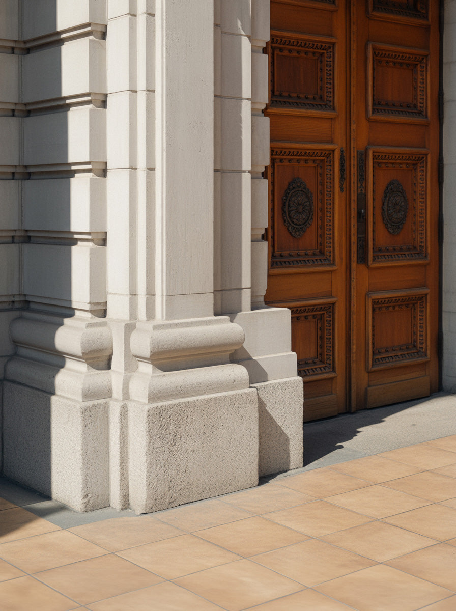 Classic wooden double door framed by carved stone columns in warm daylight