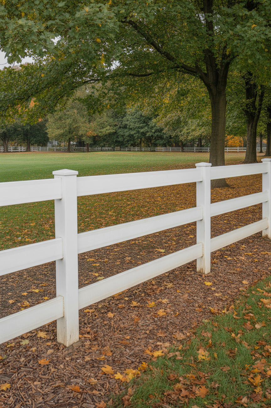 Quiet park scene with a white wooden fence, open grassy field, and leafy trees in early autumn