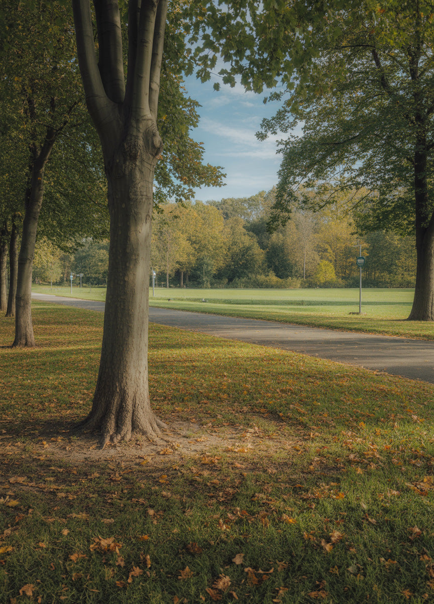 Quiet park meadow with a winding paved path framed by tall trees and soft autumn foliage