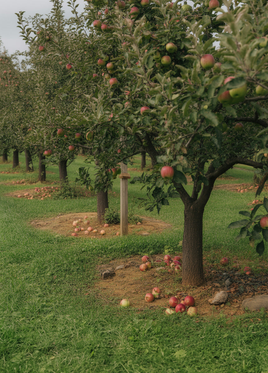 A peaceful apple orchard with rows of fruit trees heavy with ripe red apples, some fallen onto the grass below