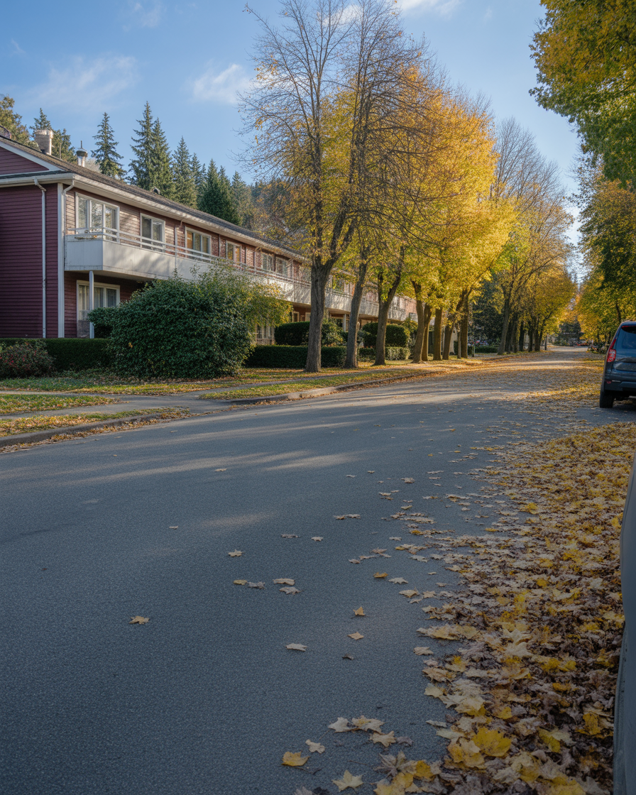 Sunlit suburban street lined with autumn trees and quiet residential homes