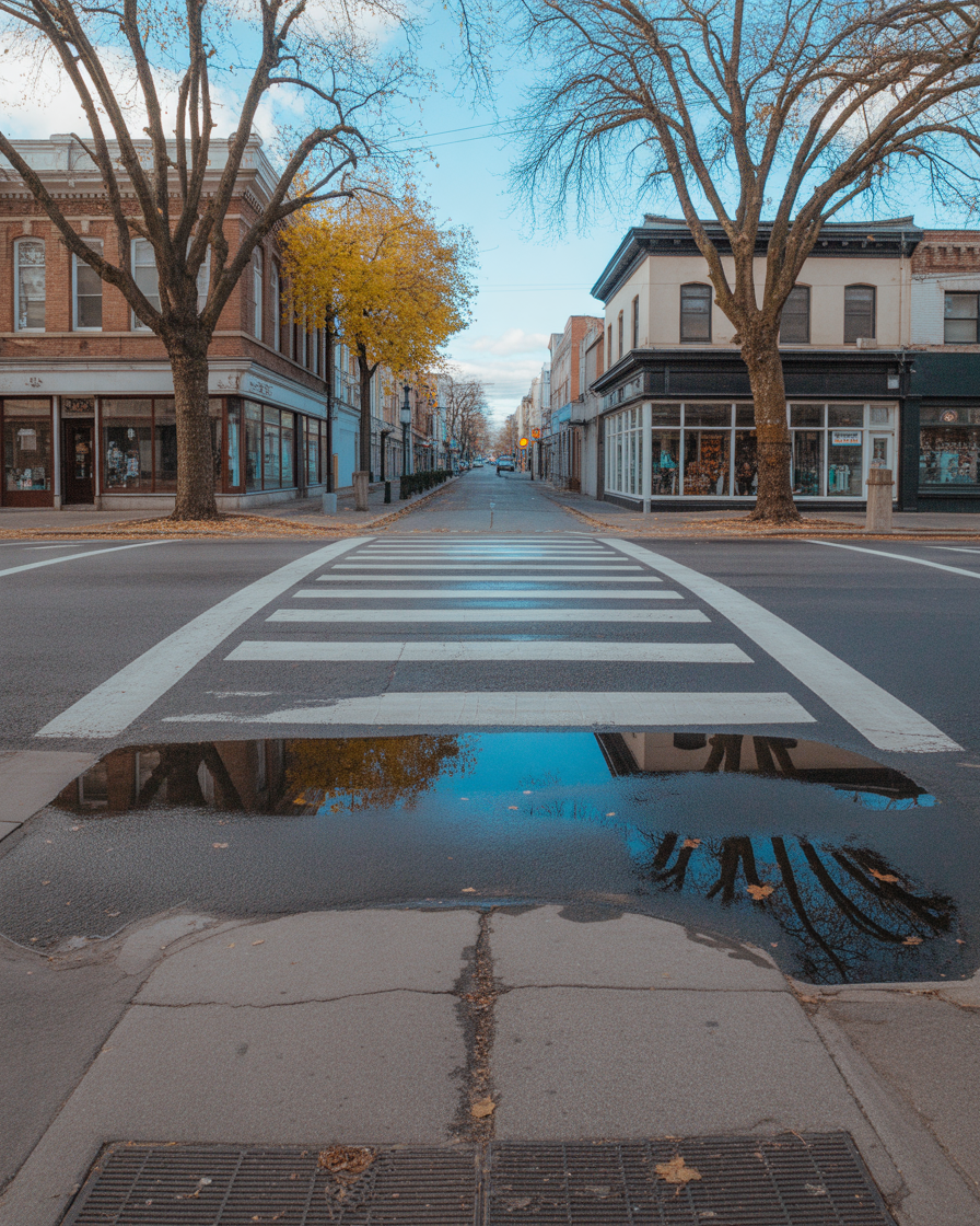 Quiet tree-lined main street with reflective crosswalk after rain