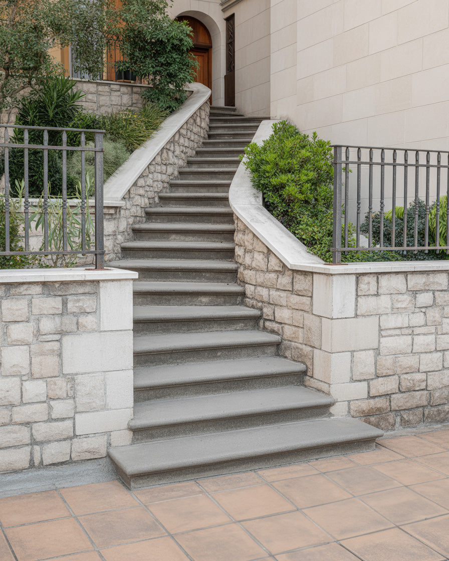 Elegant stone staircase with curved walls and subtle landscape details