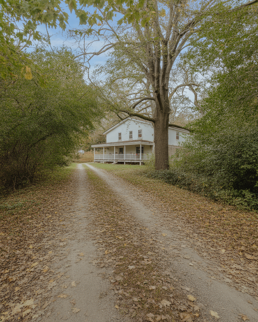 Quiet suburban cottage framed by trees and leaf covered drive