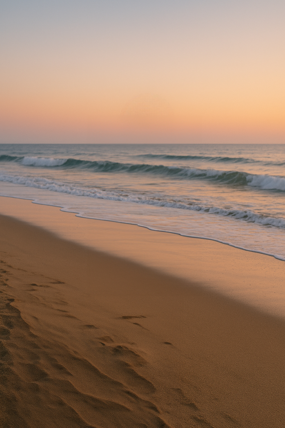 Gentle ocean waves roll in under pastel sunset sky